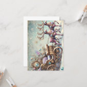 パステルスチームパンククリスマスカードアンティークトナカイ カード (正面/裏面インサイチュ)