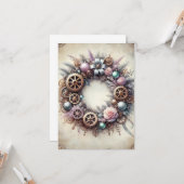 パステルスチームパンククリスマスカードアンティークリース カード (正面/裏面インサイチュ)