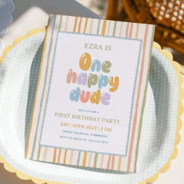 パステルストライプのハッピーなお兄さん 1歳の誕生日 招待状