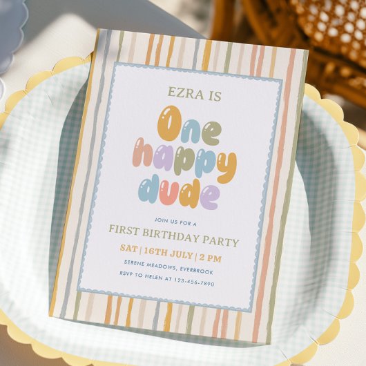 パステルストライプのハッピーなお兄さん 1歳の誕生日 招待状