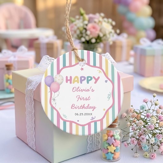 パステルストライプの楽しい女の子の誕生日ギフトタグ フェイバータグ