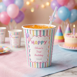 パステルストライプの楽しい女の子の誕生日ペーパークラブ 紙コップ