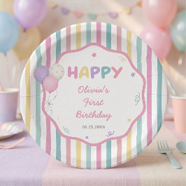 パステルストライプの楽しい女の子の誕生日ペーパープレート ペーパープレート