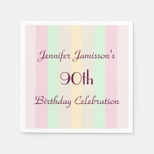 パステルストライプの紙ナプキンス90thバースデーパーティー スタンダードカクテルナプキン (正面)