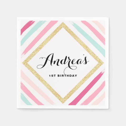 パステルストライプグリッター&金ゴールド子供の誕生日パーティー スタンダードカクテルナプキン (正面)