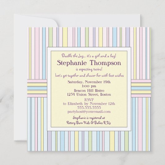 パステルストライプツインズベビーシャワー招待状 招待状 (正面)