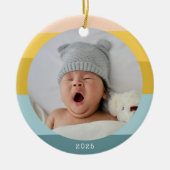 パステルストライプブルーの可愛いカラフルカラーブロック セラミックオーナメント (正面)