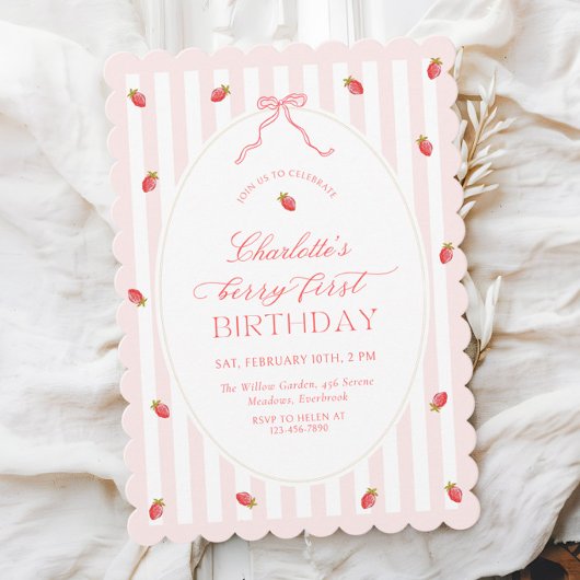 パステルストライプベリー1歳の誕生日招待状 招待状