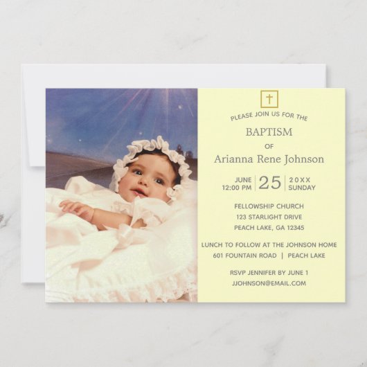 パステルストライプホテルクリームフォトバプテスマ《キリスト教》洗礼式や命名式 招待状 (正面)