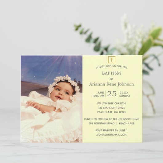 パステルストライプホテルクリームフォトバプテスマ《キリスト教》洗礼式や命名式 招待状 (スタンド正面)