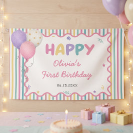 パステルストライプ楽しい女の子の誕生日 横断幕