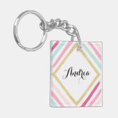 パステルストライプ金ゴールドグリッターパーソナライズされたキーチェーン キーホルダー (正面左)