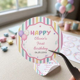 パステルストライプ 楽しい女の子の誕生日 ラウンドシール