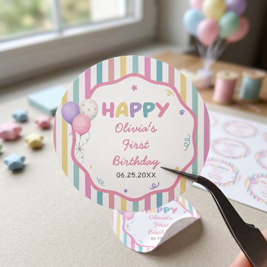 パステルストライプ 楽しい女の子の誕生日 ラウンドシール