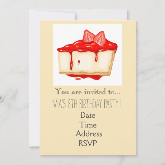 パステルストロベリーケーキ女の子の誕生日パーティー 招待状 (正面)