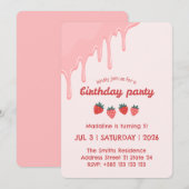 パステルストロベリーバースデーパーティーの招待 招待状 (正面/裏面)