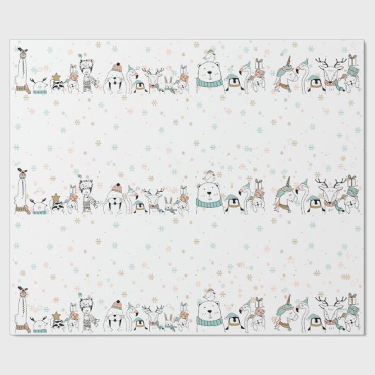 パステルスノーフレークかわいいクリスマス動物 ラッピングペーパー (フラット)