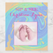 パステルスパイラルウェルカムベビーガール「Sip & See」パーティー ワインラベル (シングルラベル)