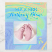 パステルスパイラルウェルカム男の赤ちゃん「Sip & See」パーティー ワインラベル (シングルラベル)