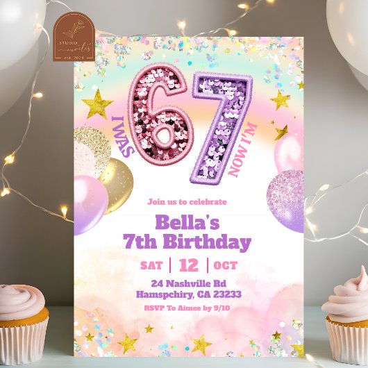 パステルスパンコールグリッター 7歳 女の子 誕生日 招待状