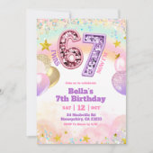 パステルスパンコールグリッター 7歳 女の子 誕生日 招待状 (正面)