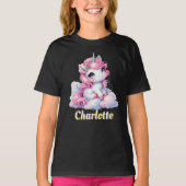 パステルスパークルユニコーン魔法の雲ブラック Tシャツ (正面)
