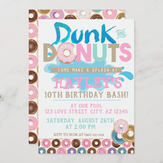 パステルスプラッシュプールダンクンドーナウトパーティー誕生日 招待状 (正面/裏面)