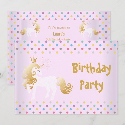 パステルスポットピンクホワイトユニコーン誕生日パーティー 招待状 (正面/裏面)