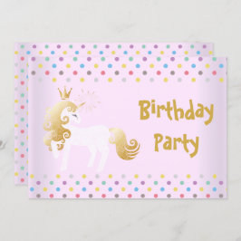 パステルスポットピンクホワイトユニコーン誕生日パーティー 招待状