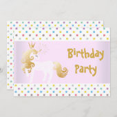 パステルスポットピンクホワイトユニコーン誕生日パーティー 招待状 (正面/裏面)