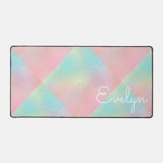 パステルスワール絞り染めかわいいピンクのティール(緑がかった色)イエローブロック デスクマット (正面)