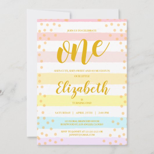 パステルズピンクストライプズドットウォーターカラーガールズ誕生日 招待状 (正面)