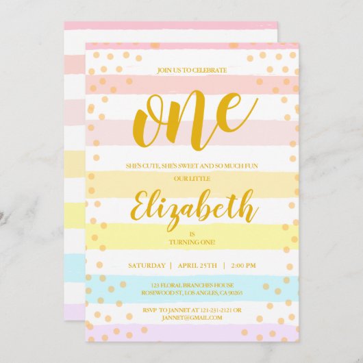 パステルズピンクストライプズドットウォーターカラーガールズ誕生日 招待状 (正面/裏面)