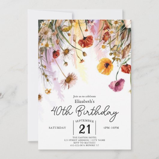 パステルズフラワーズワイルドフラワーズ40th誕生日 招待状 (正面)