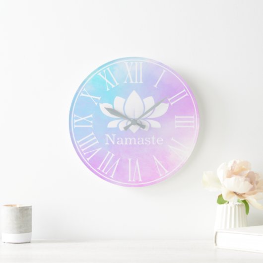 パステルズホワイトロータスフラワーナマステヨガ ラージ壁時計 (ホーム)