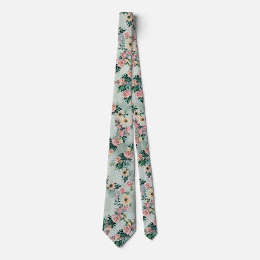 パステルセージグリーンイエローデイジーフラワーズピンクローゼス ネクタイ (正面)