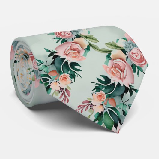 パステルセージグリーンイエローデイジーフラワーズピンクローゼス ネクタイ (ロール)