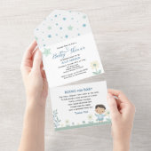 パステルセージ緑かわいい男の子 – 星と花 オールインワン招待状 (貼ってはがせる)