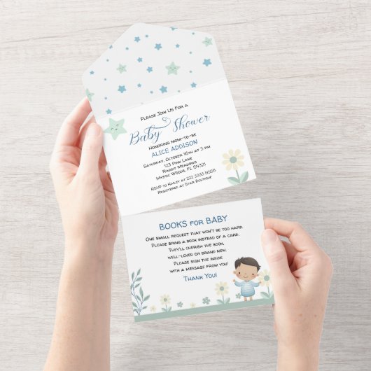 パステルセージ緑かわいい男の子 – 星と花 オールインワン招待状 (貼ってはがせる)