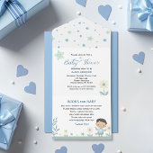 パステルセージ緑かわいい男の子 – 星と花 オールインワン招待状