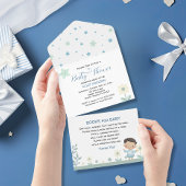 パステルセージ緑かわいい男の子 – 星と花 オールインワン招待状