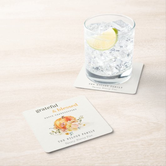 パステルソフトウォーターカラーフローラパンプキンサンクスギビング スクエアペーパーコースター (インサイチュ)