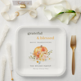 パステルソフトウォーターカラーフローラパンプキンサンクスギビング ペーパープレート