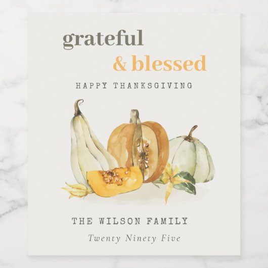 パステルソフトウォーターカラーフローラパンプキンサンクスギビング ワインラベル (シングルラベル)