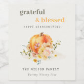 パステルソフトウォーターカラーフローラパンプキンサンクスギビング ワインラベル (シングルラベル)