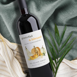 パステルソフトウォーターカラーフローラパンプキンサンクスギビング ワインラベル
