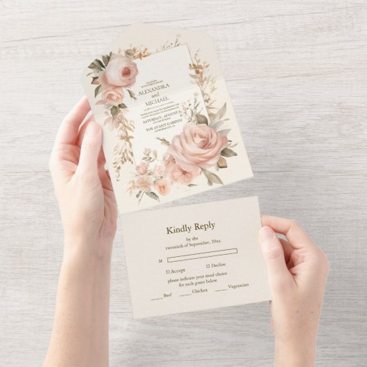 パステルソフト赤面ピーチ結婚フローラ オールインワン招待状 (貼ってはがせる)