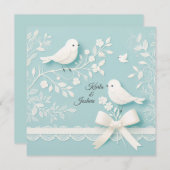 パステルターコイズのロマンチックなレースと鳥のウェディング 招待状 (正面/裏面)