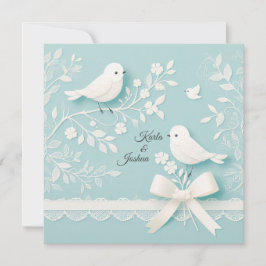 パステルターコイズのロマンチックなレースと鳥のウェディング 招待状