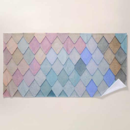 パステルダイヤモンドパターンマーメイドブルーグリーンピンク ビーチタオル (正面)